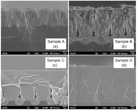 Fig. 1 Images MEB transversales de modèles AlN pour différents temps de croissance de la couche initiale d'AlN